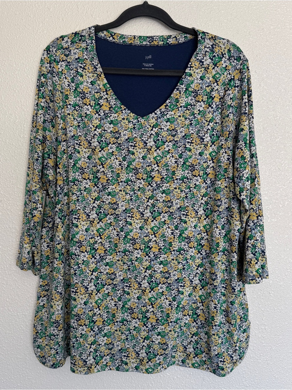 J Jill Plus Size 2X Ditsy Floral Pima Cotton V Neck Top 3/4 Sleeves